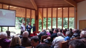 Talks to a packed crowd